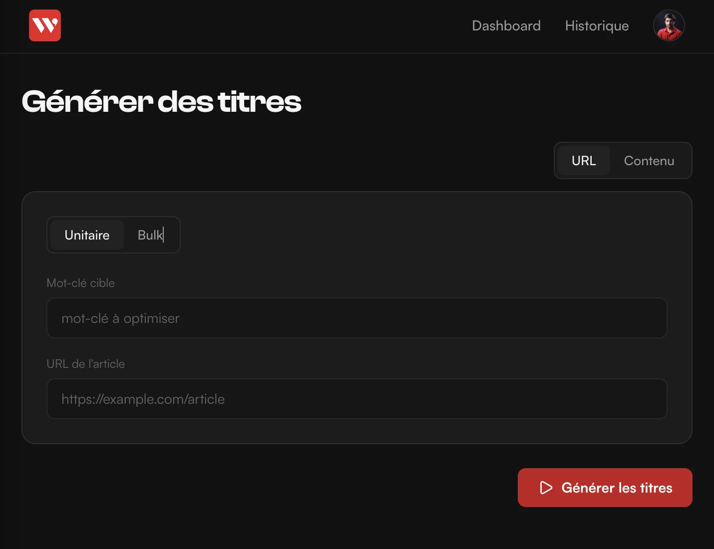 Interface d'entrée Wytt avec champs mot-clé et URL